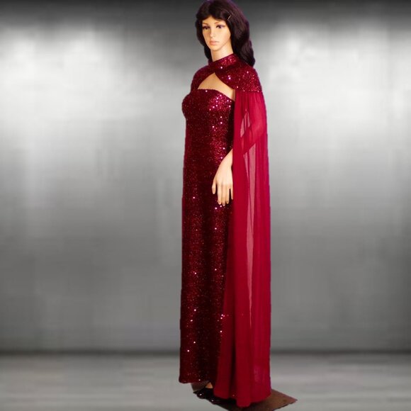 GIFFNISETI size M burgundy sequined 2-piece evening ensemble long gown + shrug - Picture 11 of 16